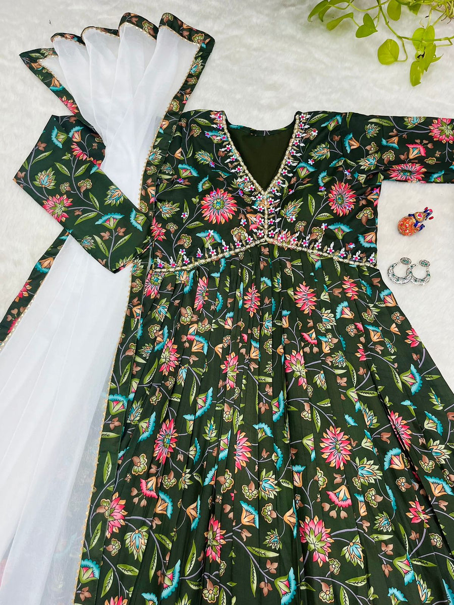 Alia Cut Kurti-designer Kurti-nayra Cut Style Kurti_with Muslin Fabric &  Floral Digital With Afghani Pants Paired With Dupatta 