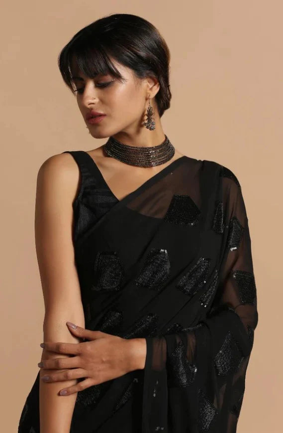 Amazing Black Color Georgette Sequence & Thread Work Saree Blouse For Women
