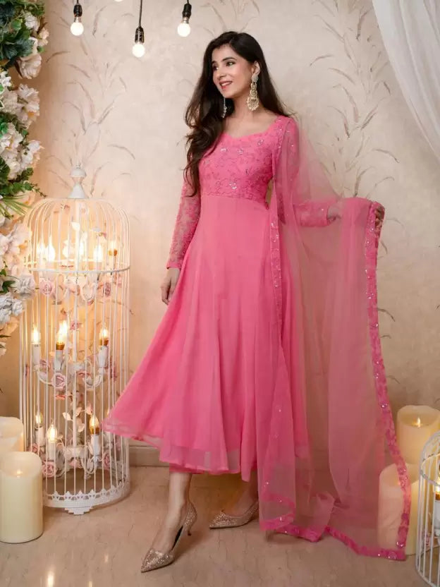 Embroidered Georgette Stitched Anarkali Gown  (Pink)