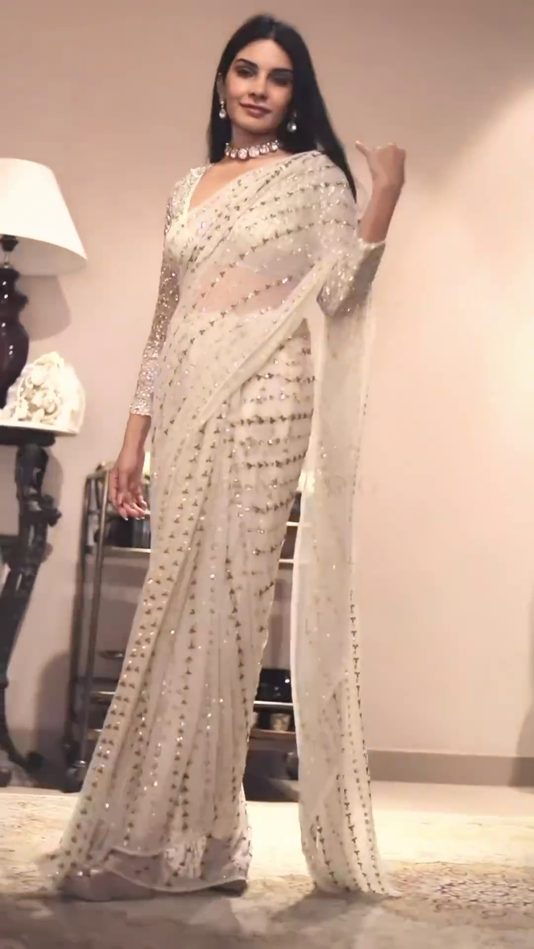 White Sequin Embroidery Georgette One Minute Saree