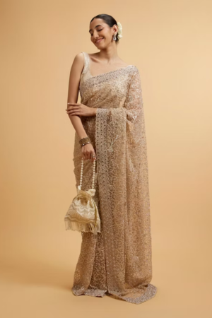 Beige Bel Buti Patterned Stone Embellished Saree