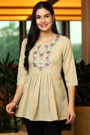 Beige Yoke Design Cotton Blend A-Line Kurti – Classic Comfort Meets Modern Elegance