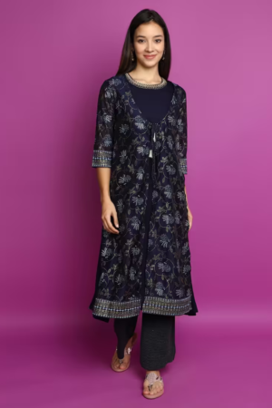 Navy Blue Three-Quarter Sleeve Layered Kurta β A Blend of Elegance and Comfort