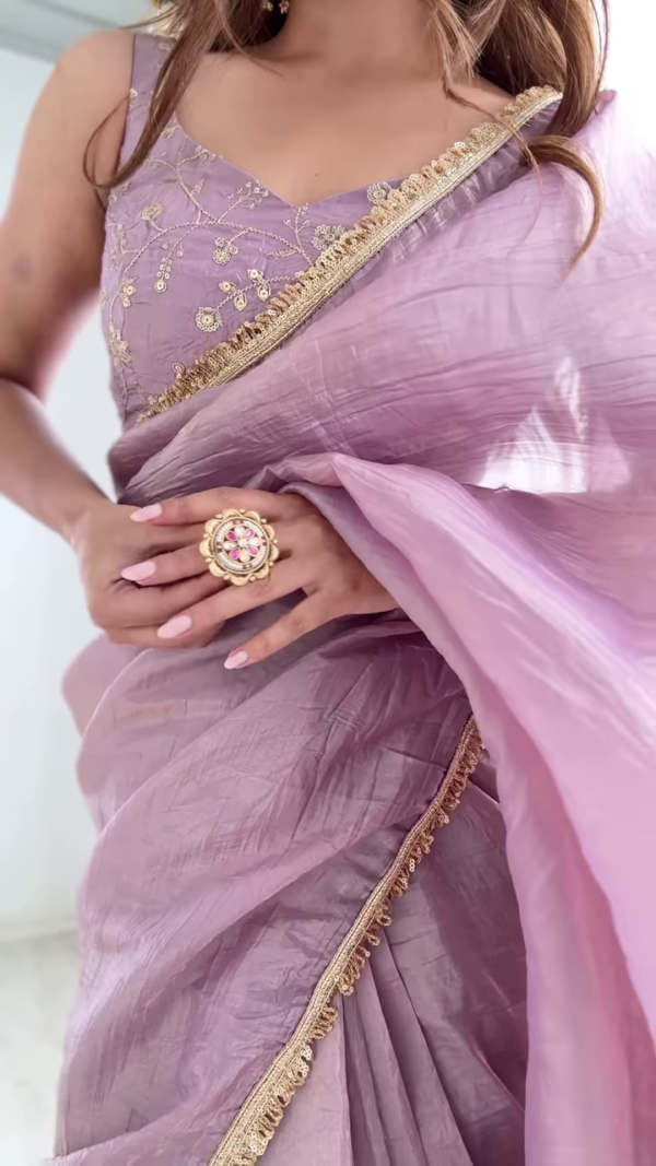 Lilac Luxe: Embroidered Saree with Gold Accents - Image 6
