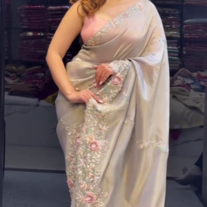 Graceful Blossom: Champagne Silk Saree with Floral Embellishments