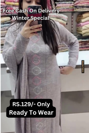 Cozy Charm: Grey Woolen Winter Kurti with Subtle Embroidery