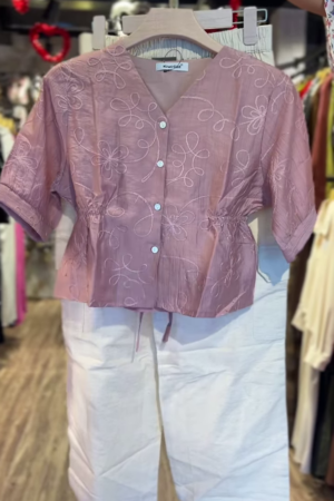 Blush Bloom: Embroidered Pink Crop Top with White Culottes Set