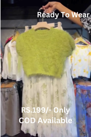 Whimsical Green Bliss Set – Chic Furry Crop Top with Elegant Floral Tulle Skirt