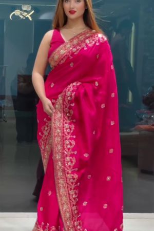 Fuchsia Elegance: Royal Silk Saree with Intricate Gold Embroidery