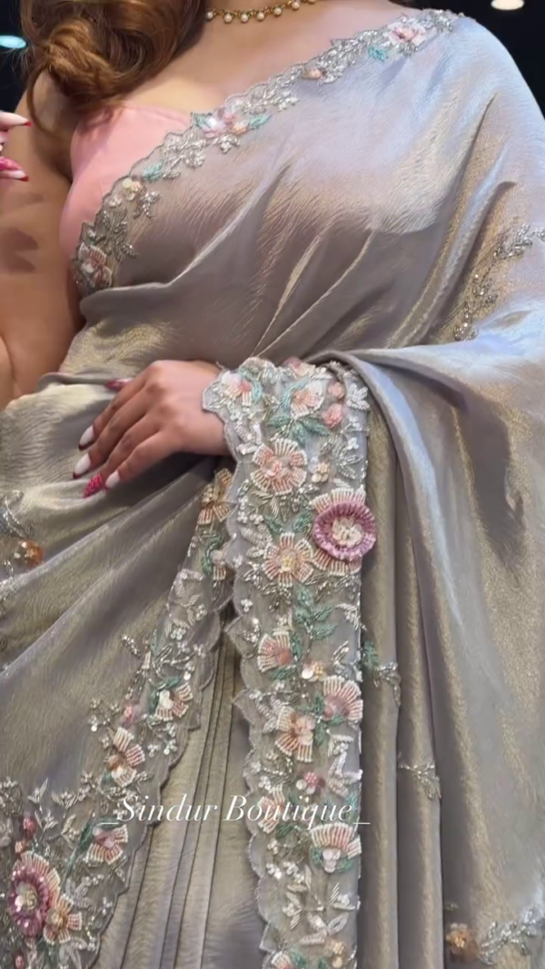 Pearlescent Grace: Contemporary Floral Embellished Silk Saree - Image 3