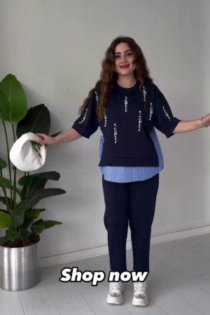 Chic Navy Blue Pearl-Embellished Layered Top – Trendy & Elegant