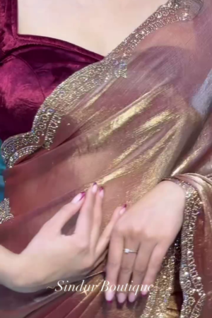 Luxe Rose Gold Velvet Saree with Shimmering Embellished Border