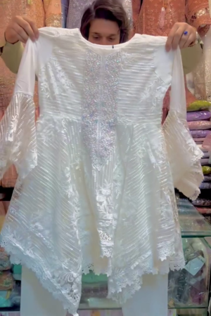 Elegant White Embroidered Organza Peplum Suit – A Blend of Grace & Glamour