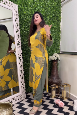 Floral Print Olive Green and Mustard Yellow Kurti