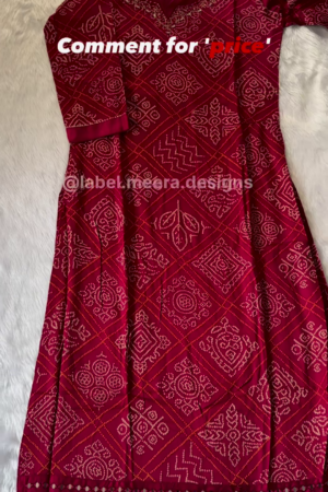 Maroon Bandhani Print Long Kurta with Golden Embellishments