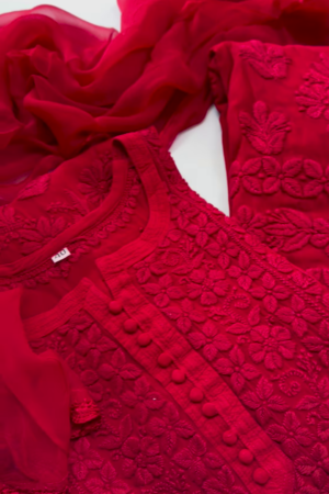 Vibrant Red Chikankari Kurta with Matching Dupatta