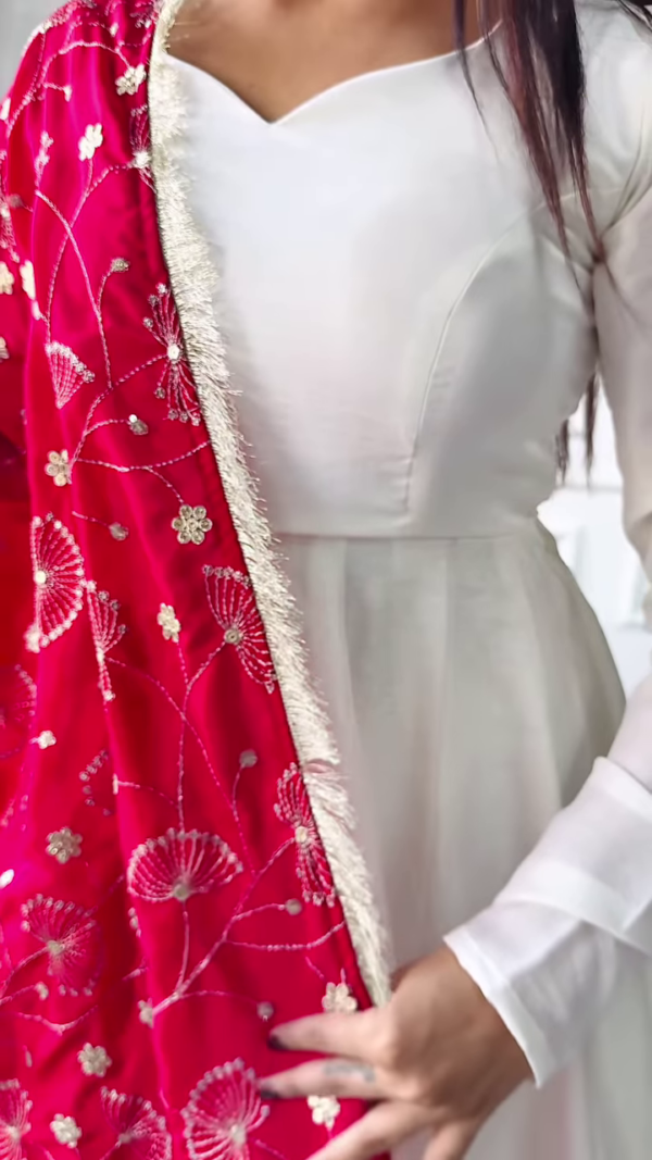 Ethereal Grace: Timeless White Anarkali with Vibrant Red Embroidered Dupatta for Effortless Elegance - Image 4