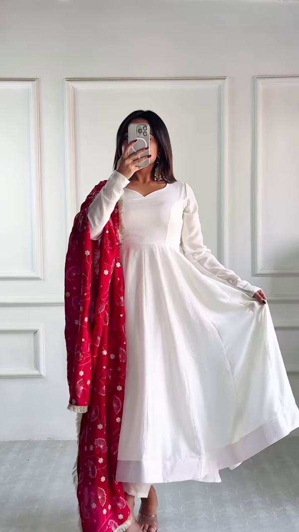 Ethereal Grace: Timeless White Anarkali with Vibrant Red Embroidered Dupatta for Effortless Elegance - Image 5