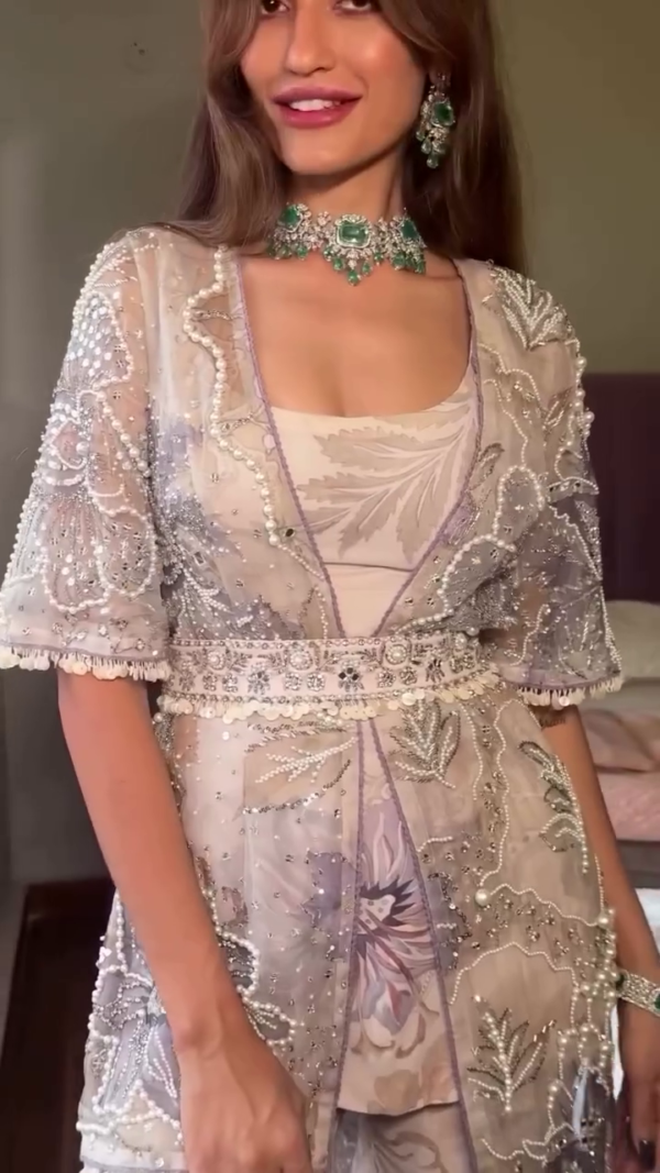 Elegant Floral Embellished Net Outfit with Pearl Detailing