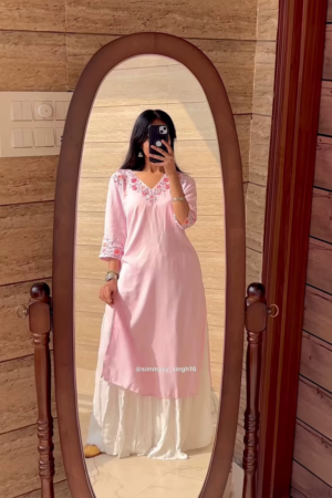 Blush & Bloom: Embroidered Pink Kurta with Flowy White Palazzos - Effortless Elegance