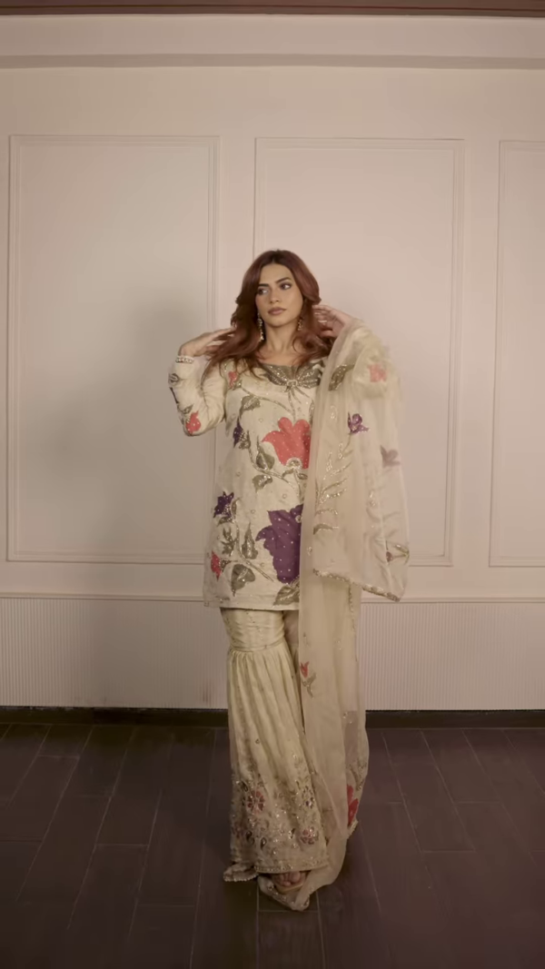 Garden Bloom: Cream Floral Embroidered Sharara Set - A Touch of Whimsy - Image 7