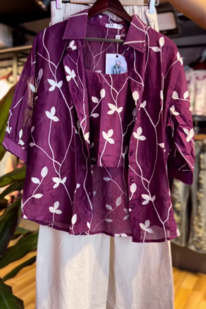 Twilight Bloom: Purple Sheer Top & Wide-Leg Shorts Set - Effortless Elegance
