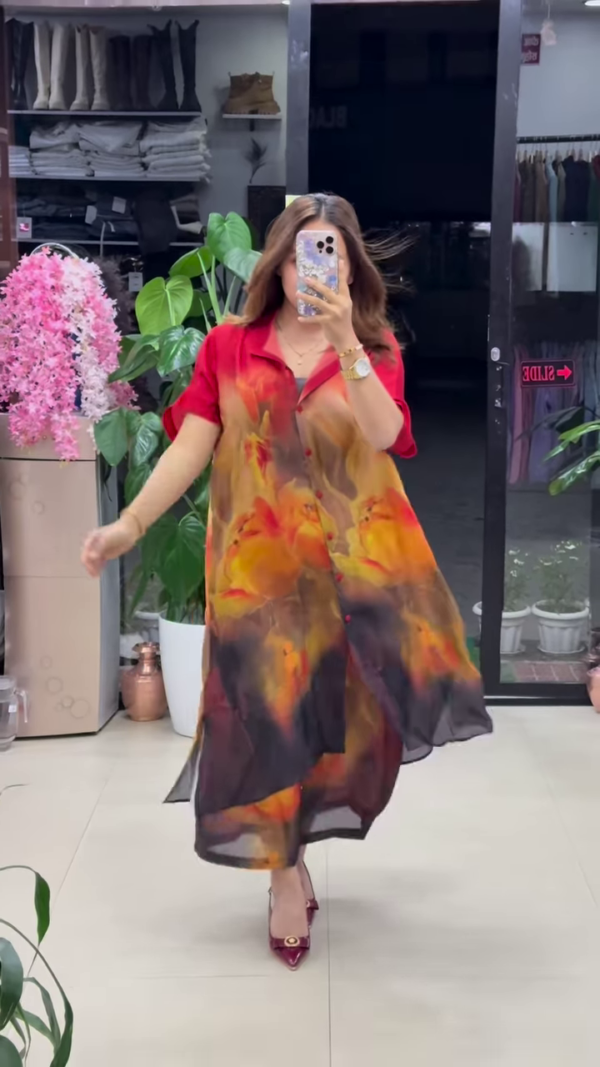 Fiery Bloom Sheer Shirt Dress – Embrace Bold Elegance - Image 2