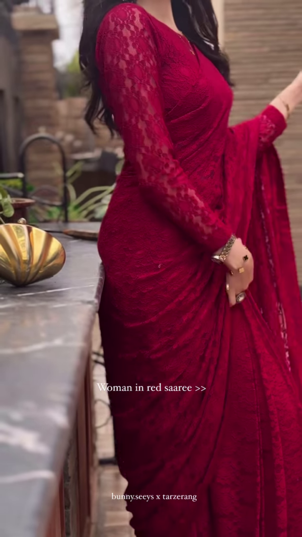 ❤️ “Woman in Red” – Elegant Lace Saree - Image 4