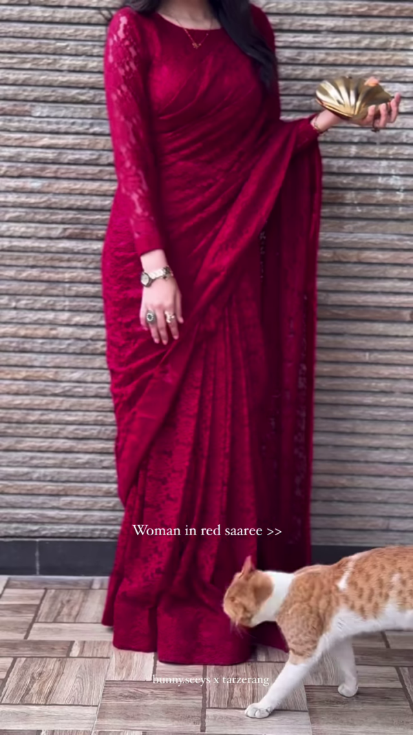 ❤️ “Woman in Red” – Elegant Lace Saree - Image 7