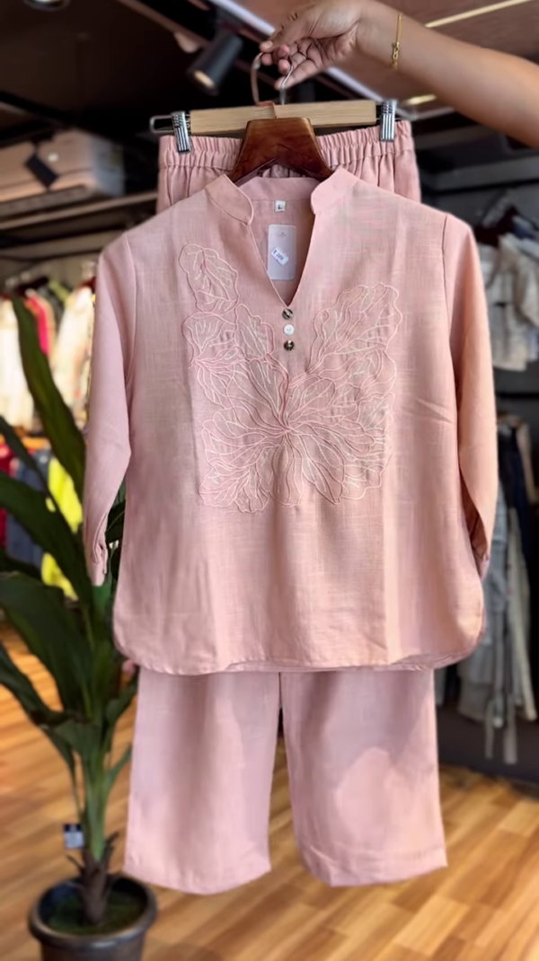 🌸 Blush & Bloom – Soft Pink Embroidered Co-Ord for Effortless Elegance