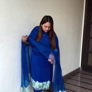 Royal Blue Chiffon Embroidered Three-Piece Suit with Mint Floral Detailing and Straight Cut Design