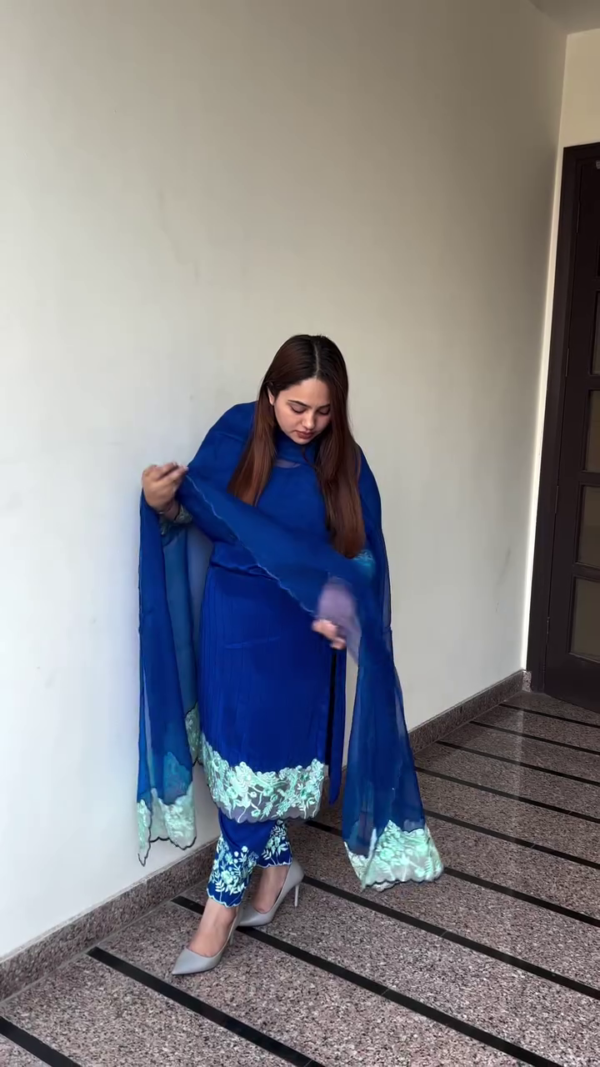 Royal Blue Chiffon Embroidered Three-Piece Suit with Mint Floral Detailing and Straight Cut Design