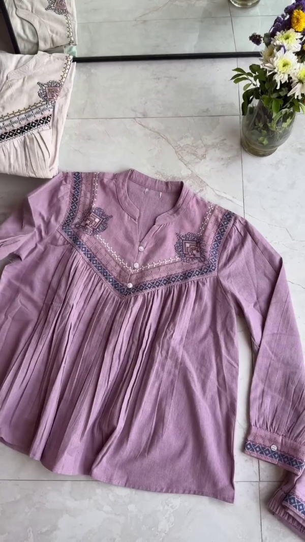 Mauve Hand-Embroidered Pleated Cotton Tunic with Geometric Yoke - Image 3