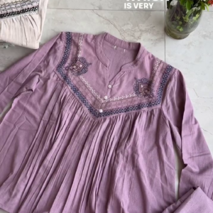 Mauve Hand-Embroidered Pleated Cotton Tunic with Geometric Yoke