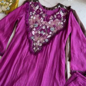 Elegant Mocha Brown Embroidered Kurta Set with Handcrafted Neckline and Sleeve Detail – Premium Festive Wear