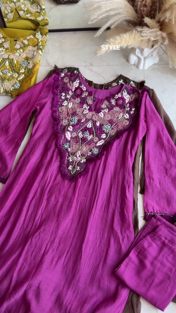 Elegant Mocha Brown Embroidered Kurta Set with Handcrafted Neckline and Sleeve Detail – Premium Festive Wear