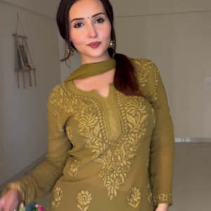 Elegant Olive Green Embroidered Kurta Set with Chiffon Dupatta