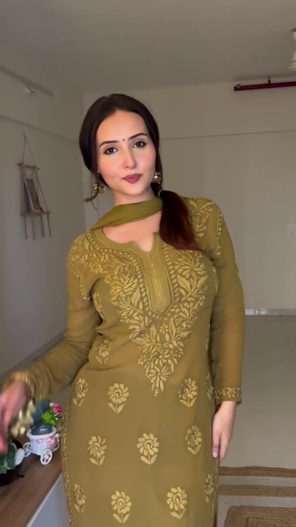 Elegant Olive Green Embroidered Kurta Set with Chiffon Dupatta