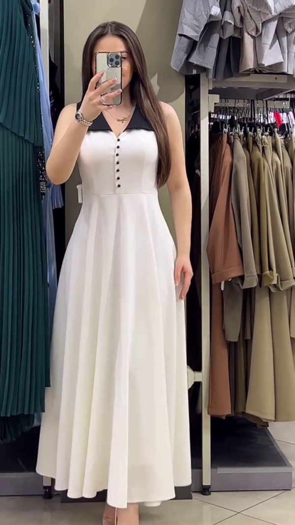Elegant White and Black Button-Down Midi Dress - Image 4