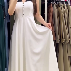 Elegant White and Black Button-Down Midi Dress