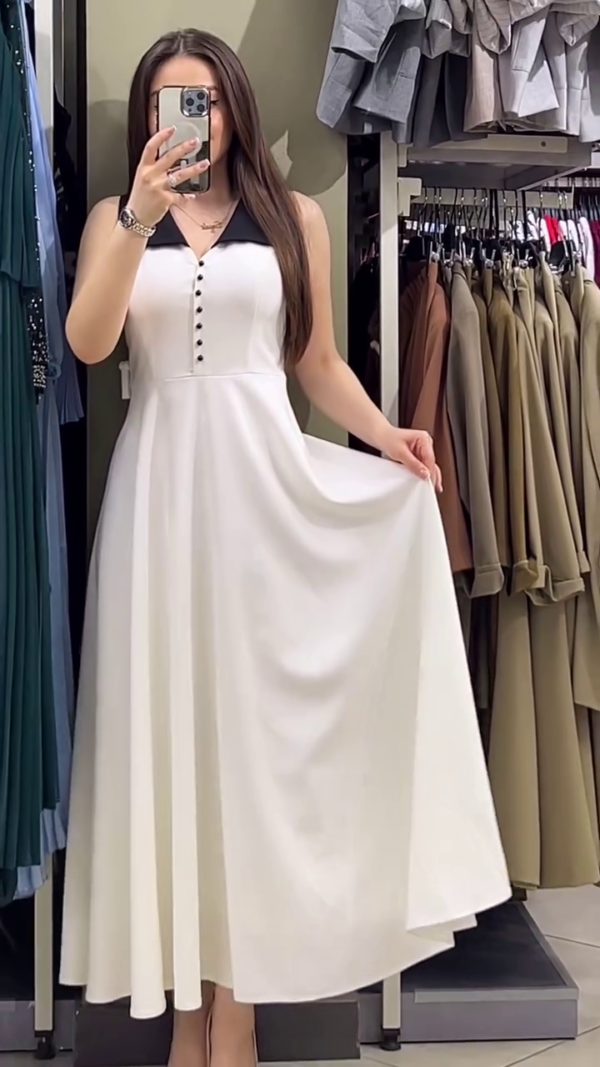Elegant White and Black Button-Down Midi Dress