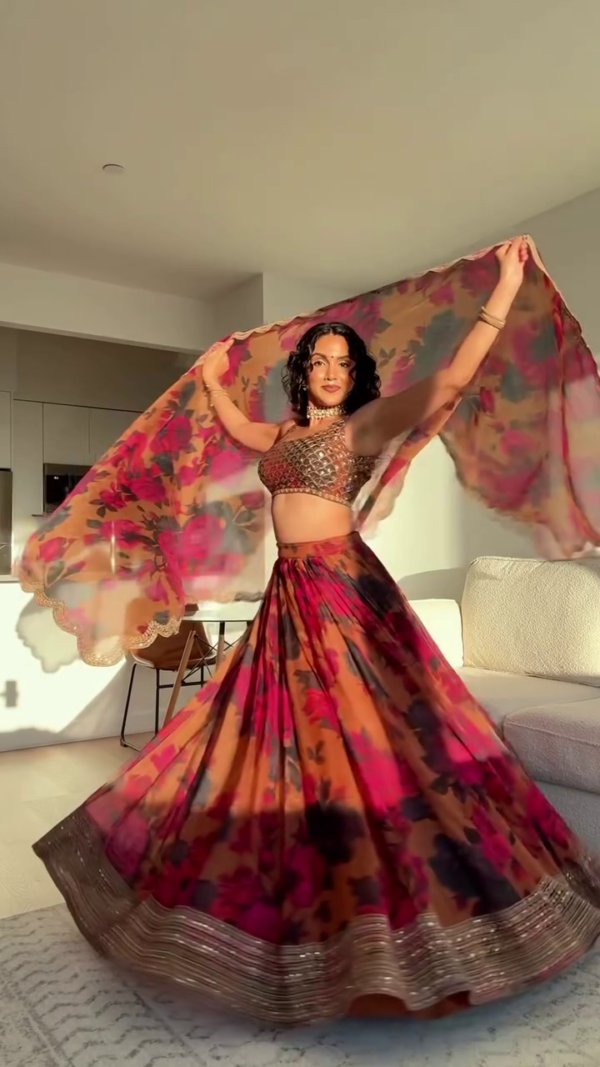 Elegant and Vibrant Floral Chiffon Lehenga Set with Stylish Crop Top and Intricate Border Details - Image 5