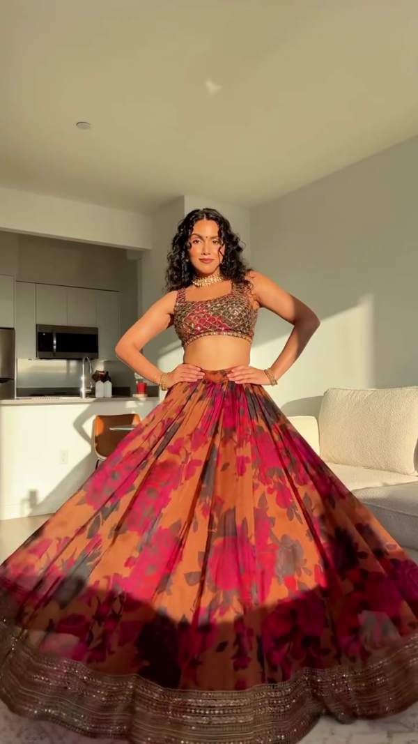 Elegant and Vibrant Floral Chiffon Lehenga Set with Stylish Crop Top and Intricate Border Details