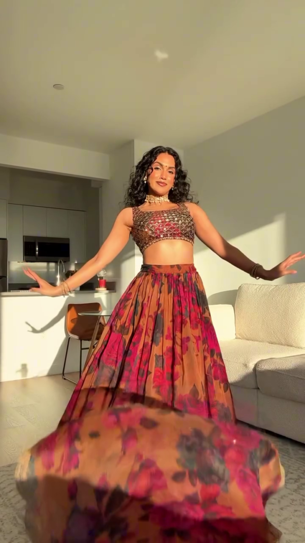Elegant and Vibrant Floral Chiffon Lehenga Set with Stylish Crop Top and Intricate Border Details - Image 3