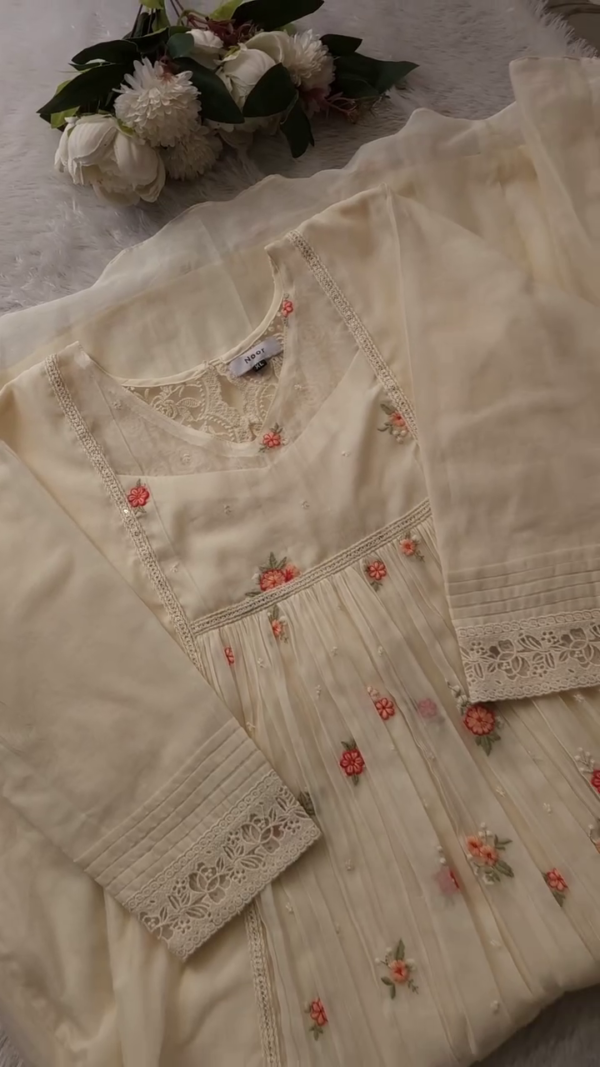 Ethereal Floral Embroidered Georgette Kurta Set with Churidar and Dupatta - Image 3