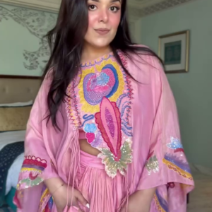 Luxury Hand-Embroidered Silk Kaftan Dress in Rosy Pink with Multicolored Artistic Threadwork and Mirror Accents