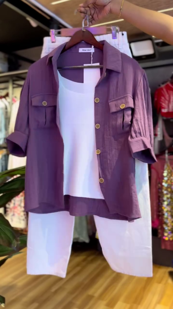 Luxe Breeze Three-Piece Co-Ord Set: Mauve Button-Down Shirt, White Tank Top & Comfort Fit Cotton Trousers - Image 2