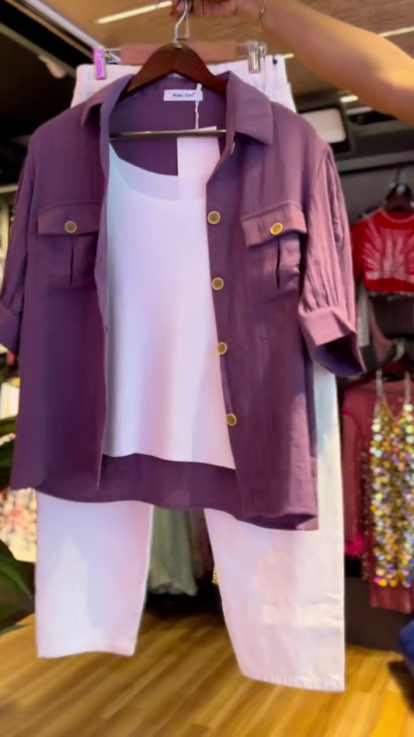 Luxe Breeze Three-Piece Co-Ord Set: Mauve Button-Down Shirt, White Tank Top & Comfort Fit Cotton Trousers