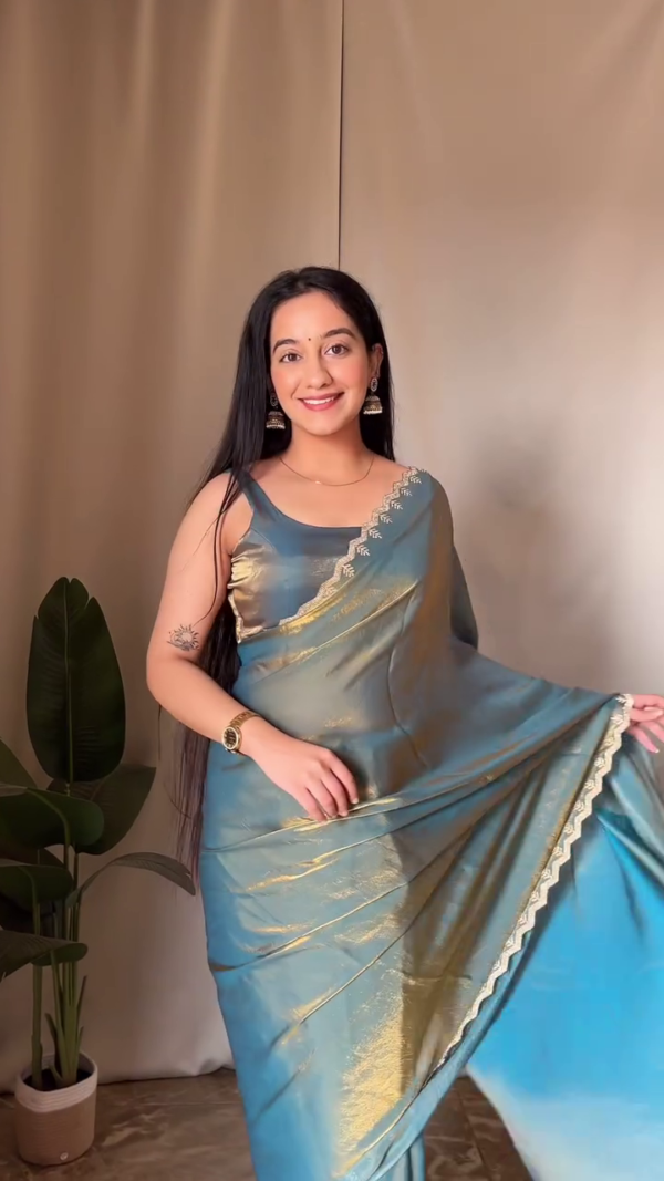 Heritage Gleam Pure Soft Silk Saree in Teal Blue with Antique Gold Zari Detailing and Scalloped Border Elegance