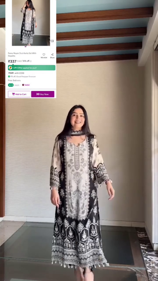Graceful Black & Beige Printed Fancy Rayon Slub Kurta Set with Dupatta for Women – Ethnic A-Line Kurta with Intricate Print Detailing and Tassel Border – Ideal for Festive, Office & Daily Wear - Image 3